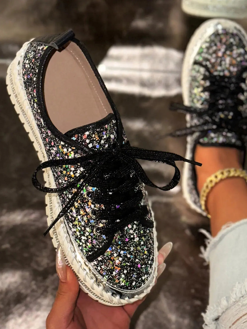 Lace Up Sequin Round Toe Platform Sneakers  Style Ratio