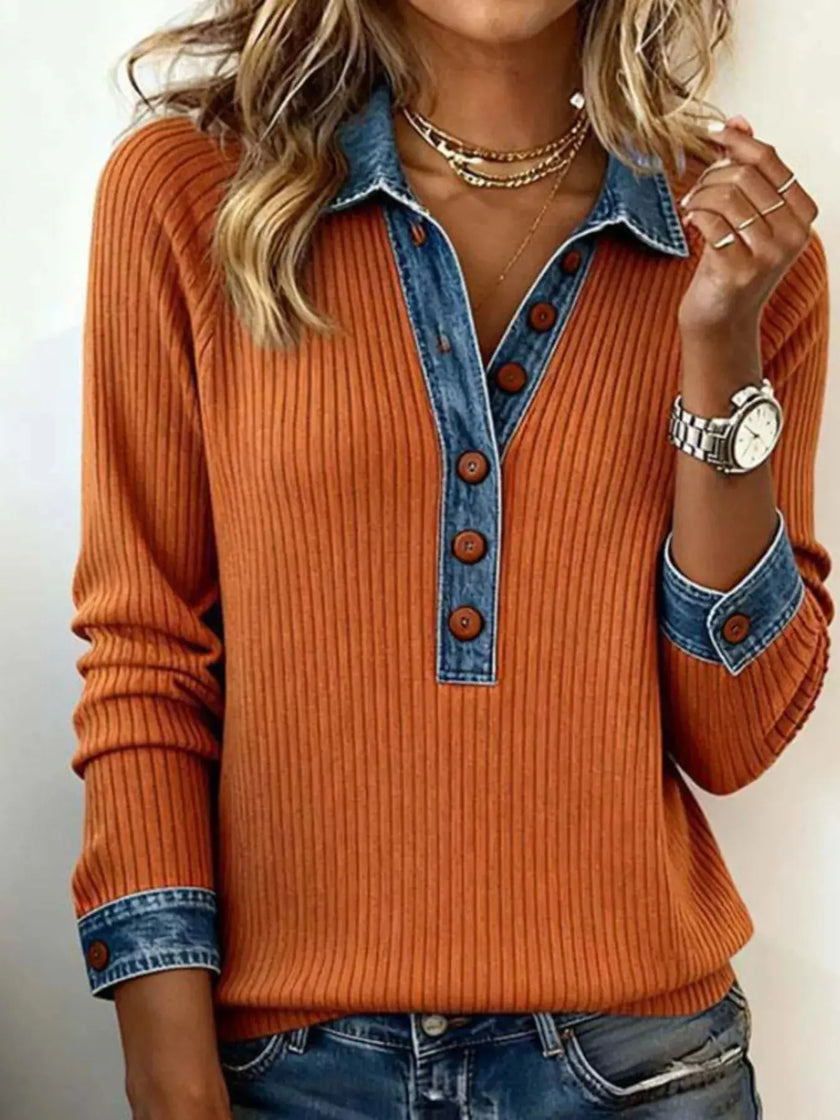 Full Size Denim Trim Button Front Ribbed Knit Top Plus Size  Style Ratio