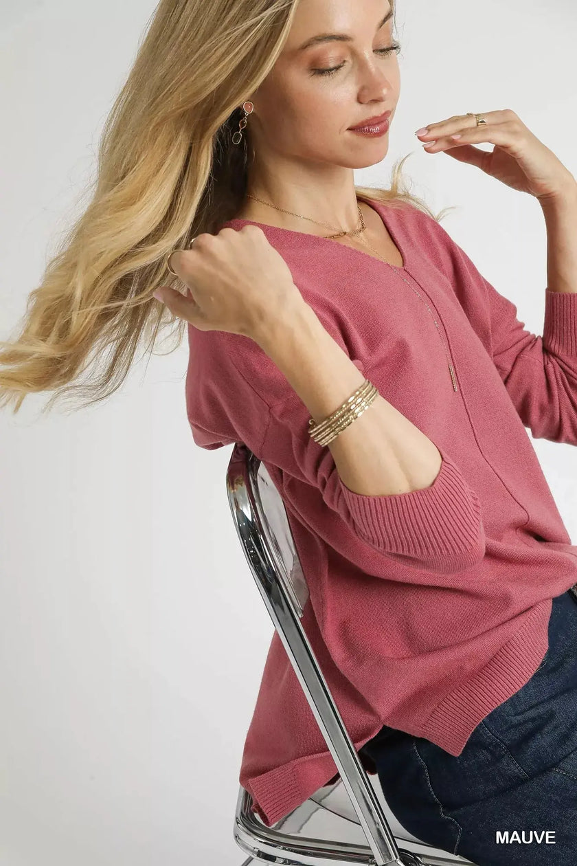 Umgee V Neck High Low Hem Sweatshirt with Side Slit  Style Ratio