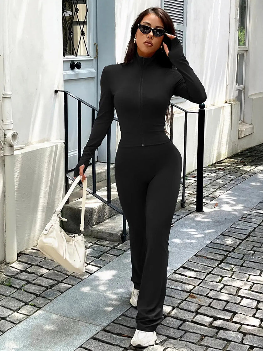 Zip Up Long Sleeve Outerwear and Pants Active Set  Style Ratio