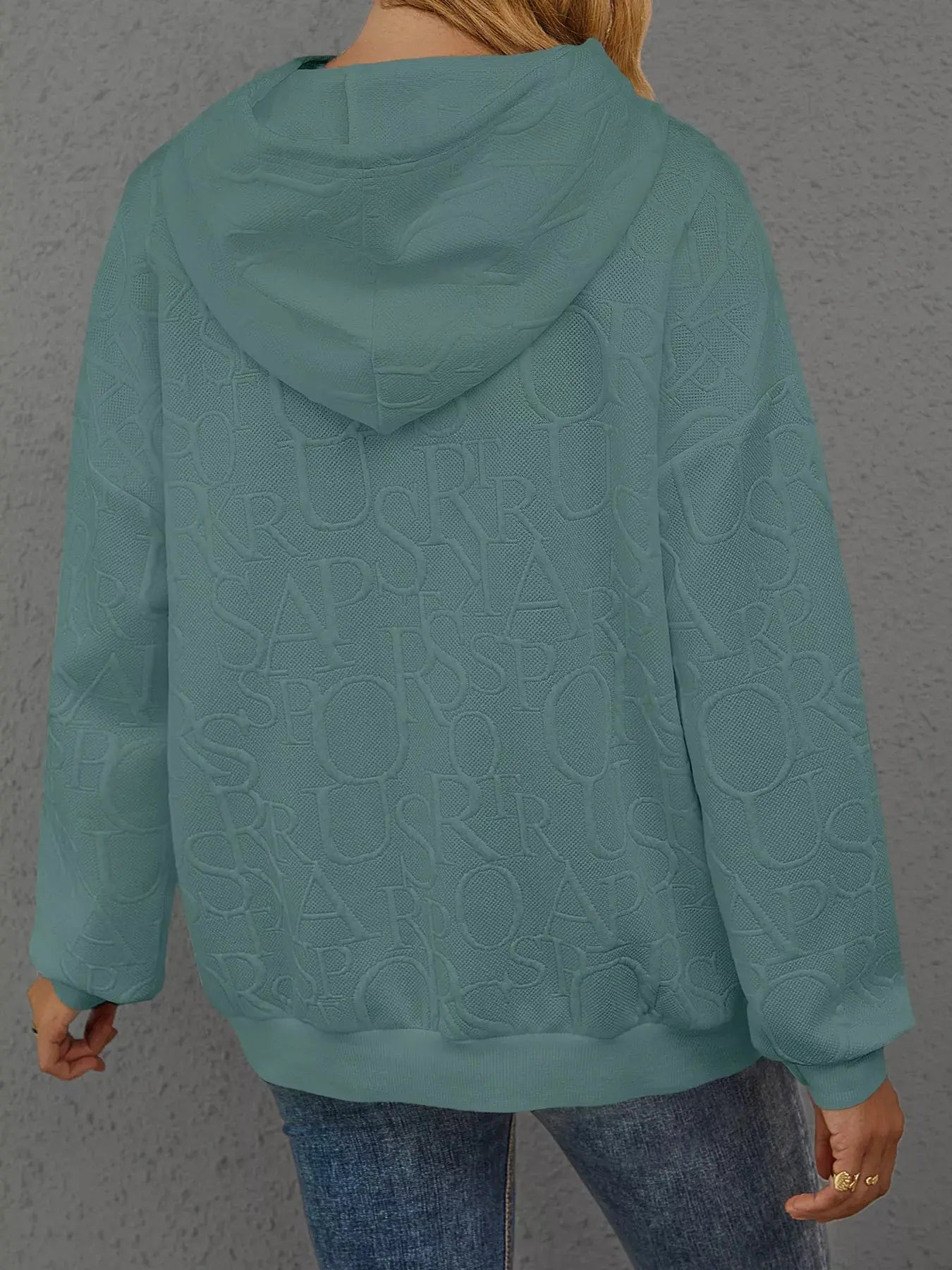 Full Size Embossed Lettering Casual Hoodie  Style Ratio
