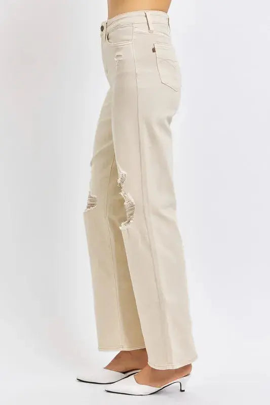 Judy Blue Full Size High Waist Distressed Wide Leg Jeans  Style Ratio
