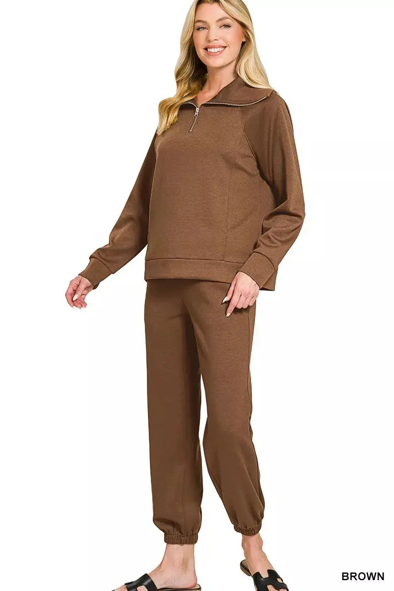 Zenana Scuba Half Zip Sweatshirts and Joggers Set  Style Ratio