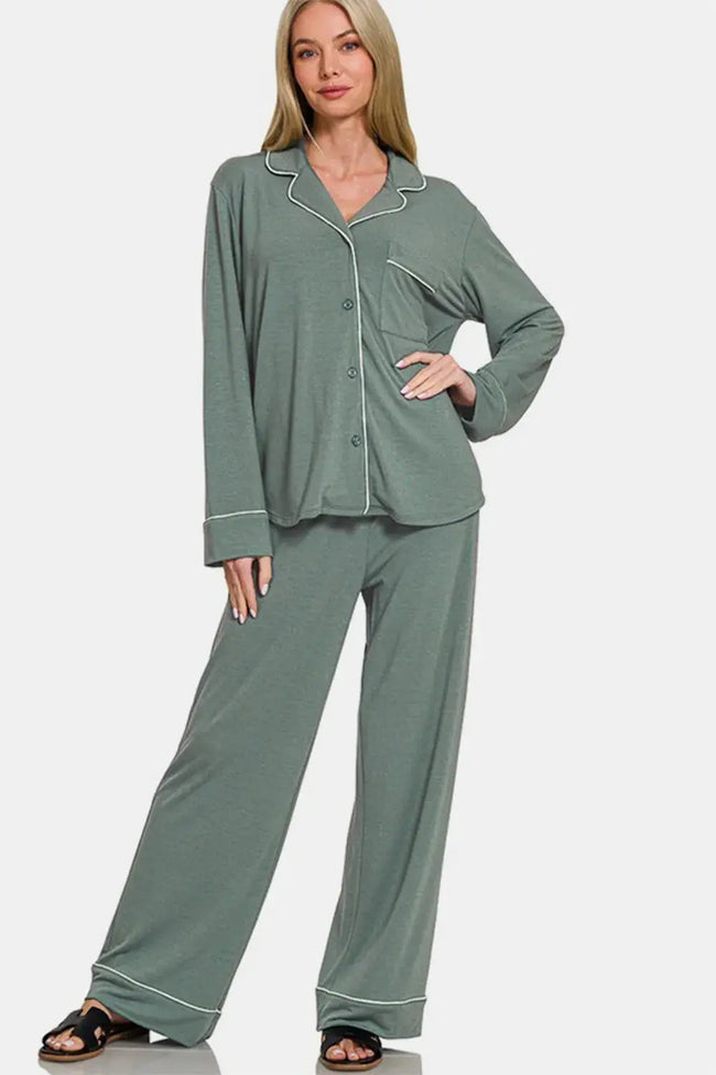 Zenana Button Down Long Sleeve Top and Pants Lounge Set  Style Ratio