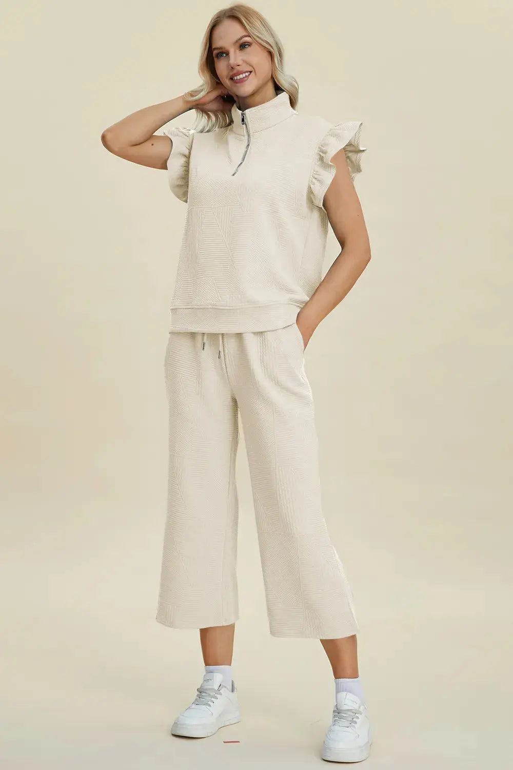 Double Take Full Size Texture Ruffle Short Sleeve Top and Wide Leg Pants Set  Style Ratio