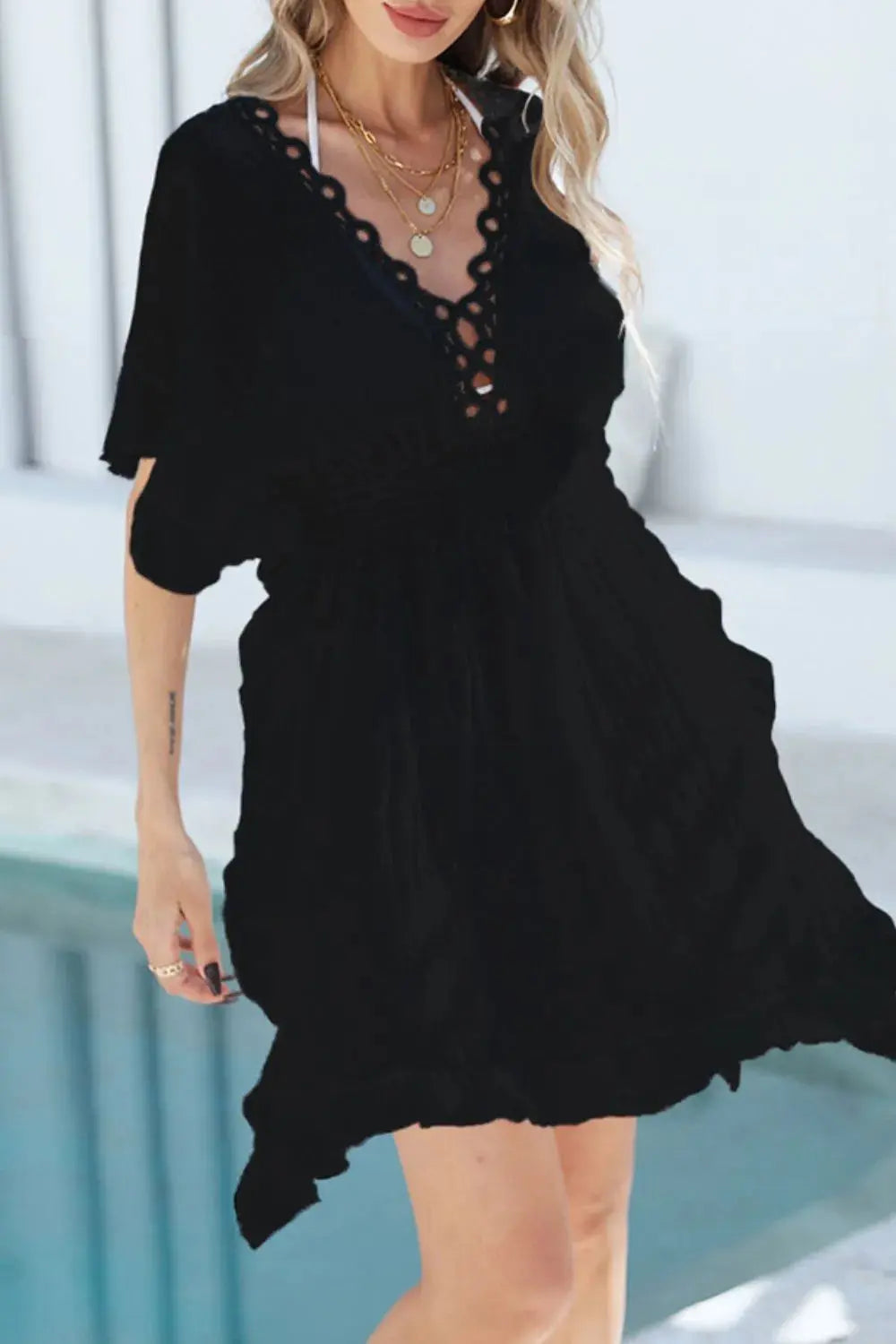 Ruffled Smocked Waist V-Neck Cover-Up  Style Ratio
