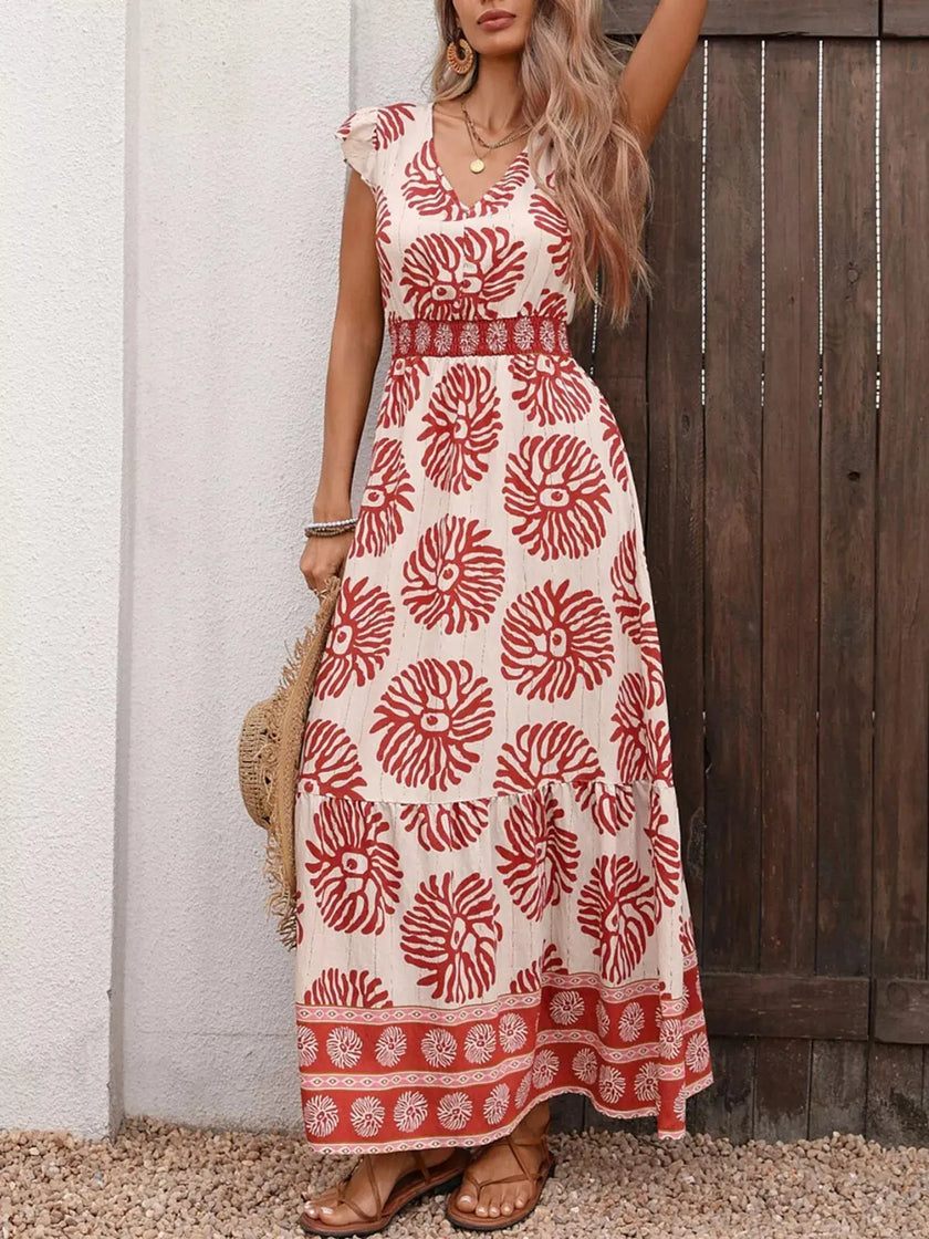 Printed V-Neck Cap Sleeve Dress  Style Ratio