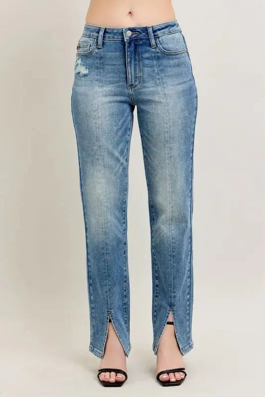 Judy Blue Full Size High Waist Vintage Wash Front Seam & Slit Straight Plus Size  Style Ratio