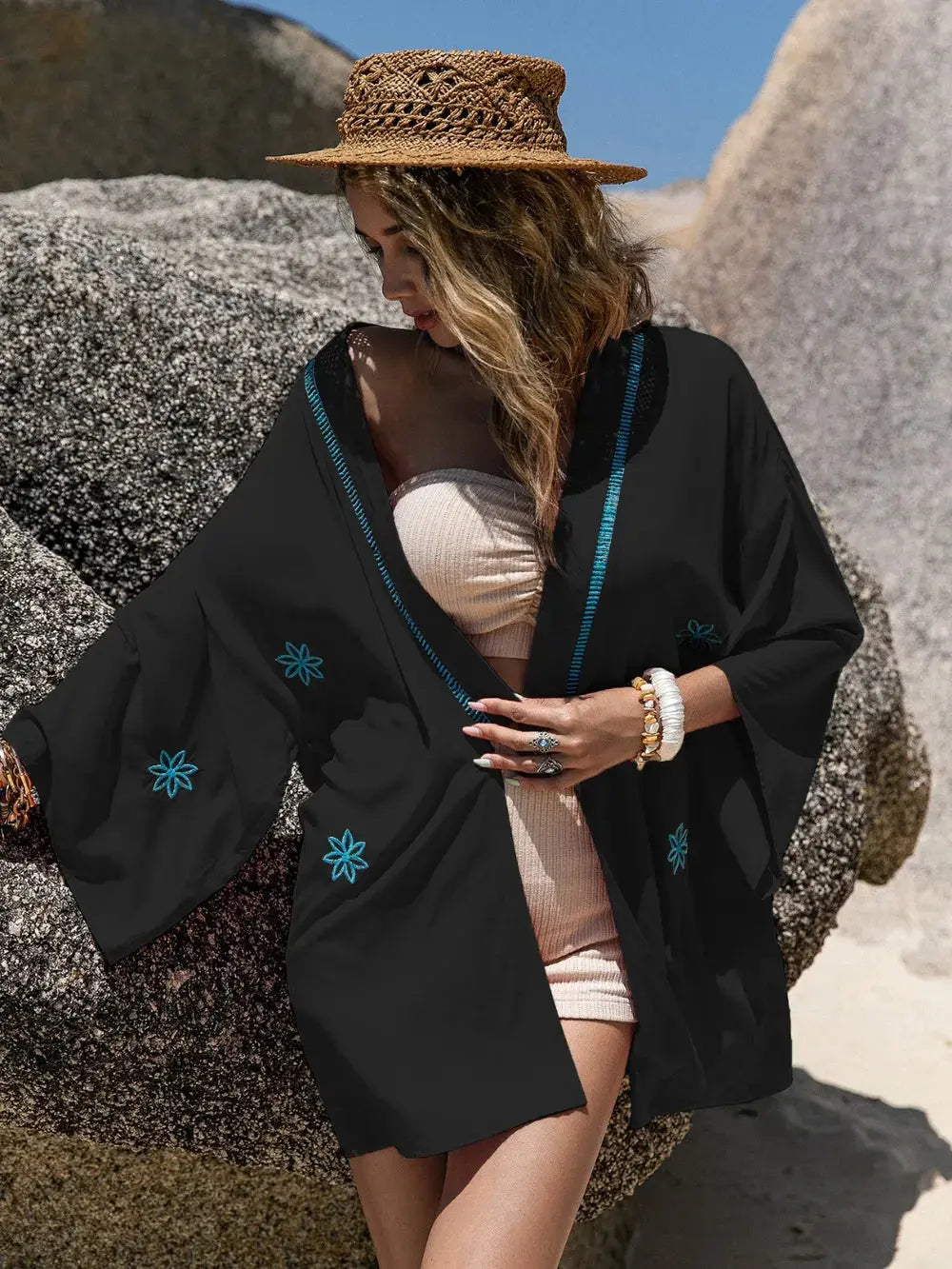 Embroidered Open Front Long Sleeve Cover Up  Style Ratio
