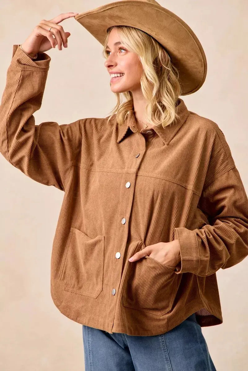 BiBi Corduroy Relaxed Fit Long Sleeve Shacket  Style Ratio