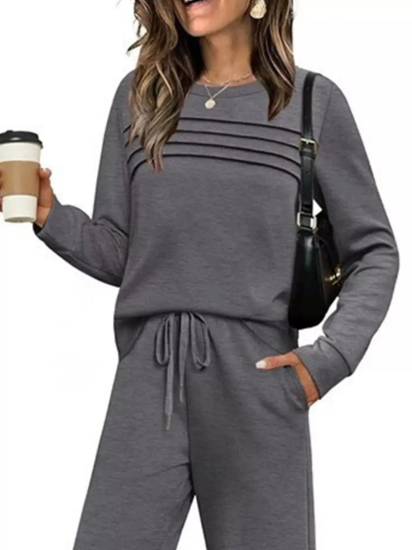 Full Size Long Sleeve Round Neck Top and Pants Set  Style Ratio