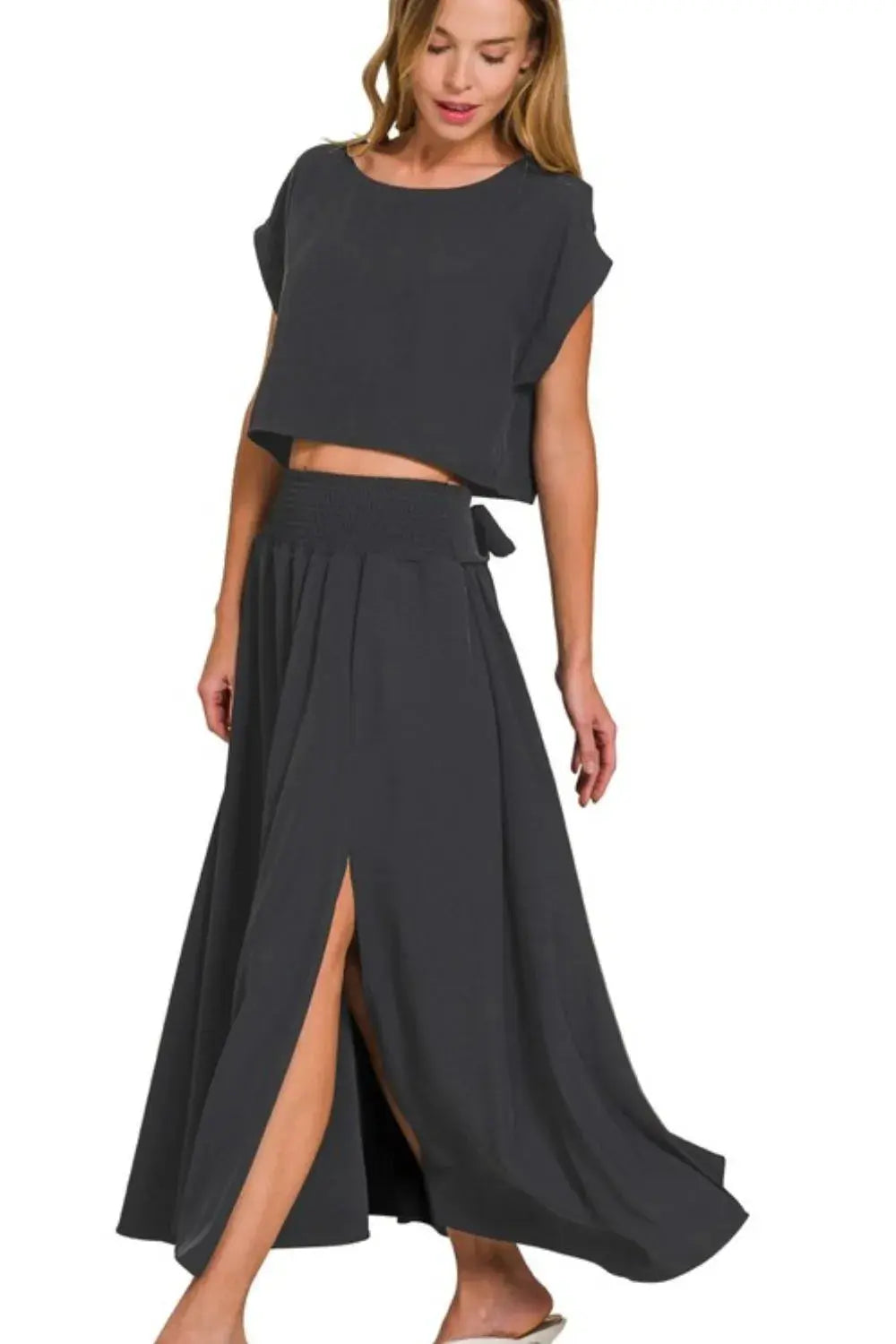 Zenana Heavy Woven Span Crop Tee & Skirt Set  Style Ratio