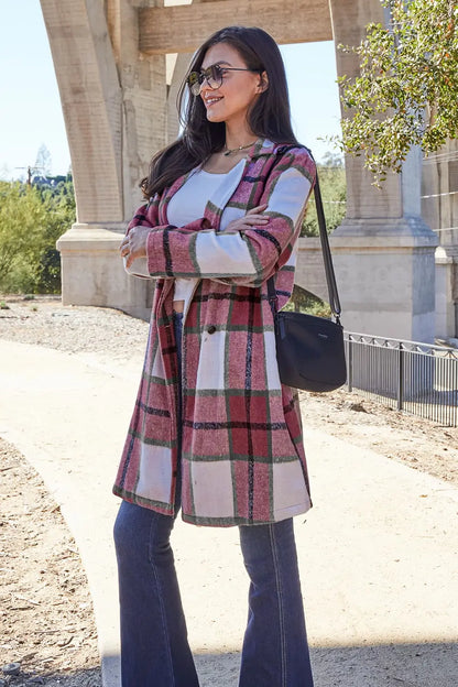 Double Take Plaid Button Up Lapel Collar Coat Trendsi