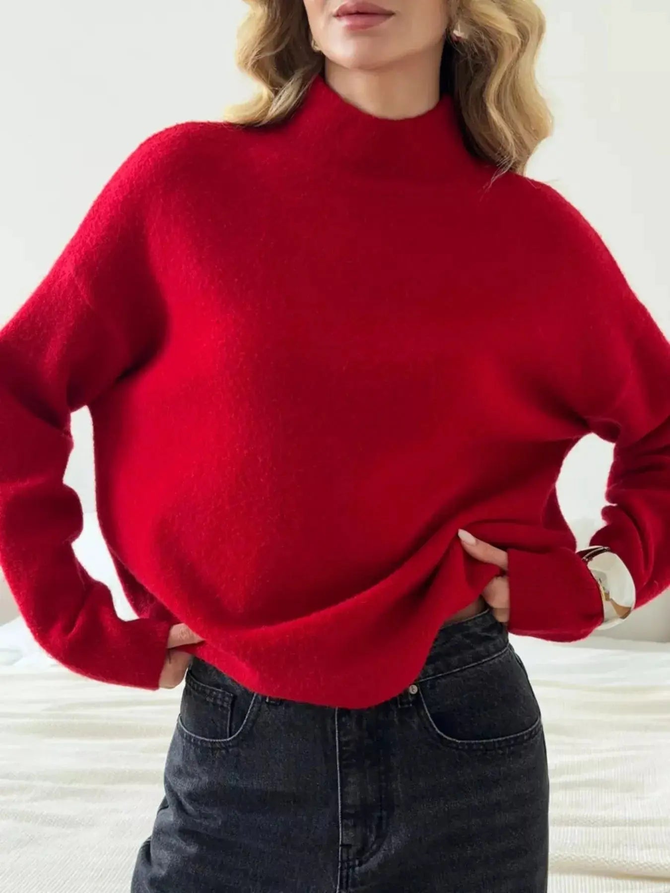 Mock Neck Dropped Shoulder Sweater  Style Ratio