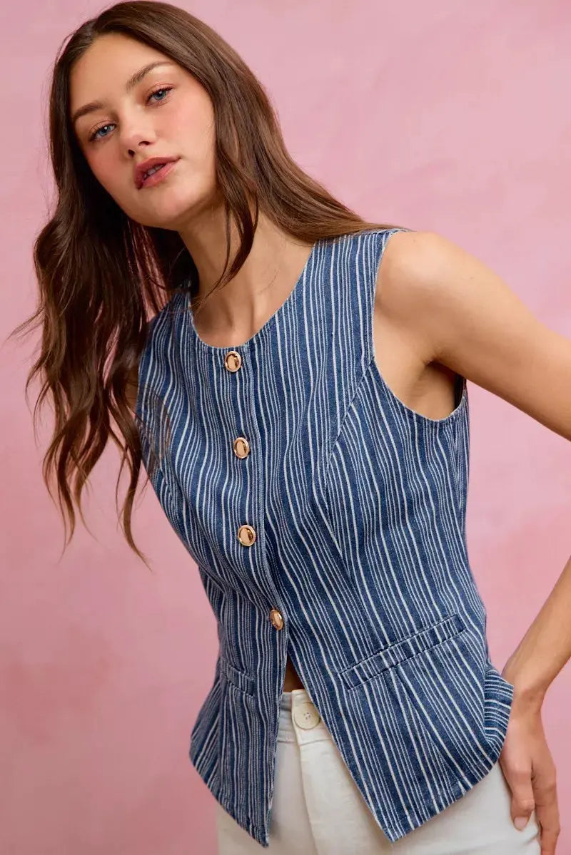 SO ME Stripe Slim Fit Button Front Denim Vest Top  Style Ratio