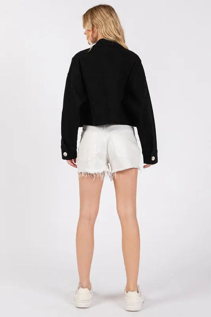 Bytos Button Down Cropped Denim Jacket with Patch Pockets Trendsi