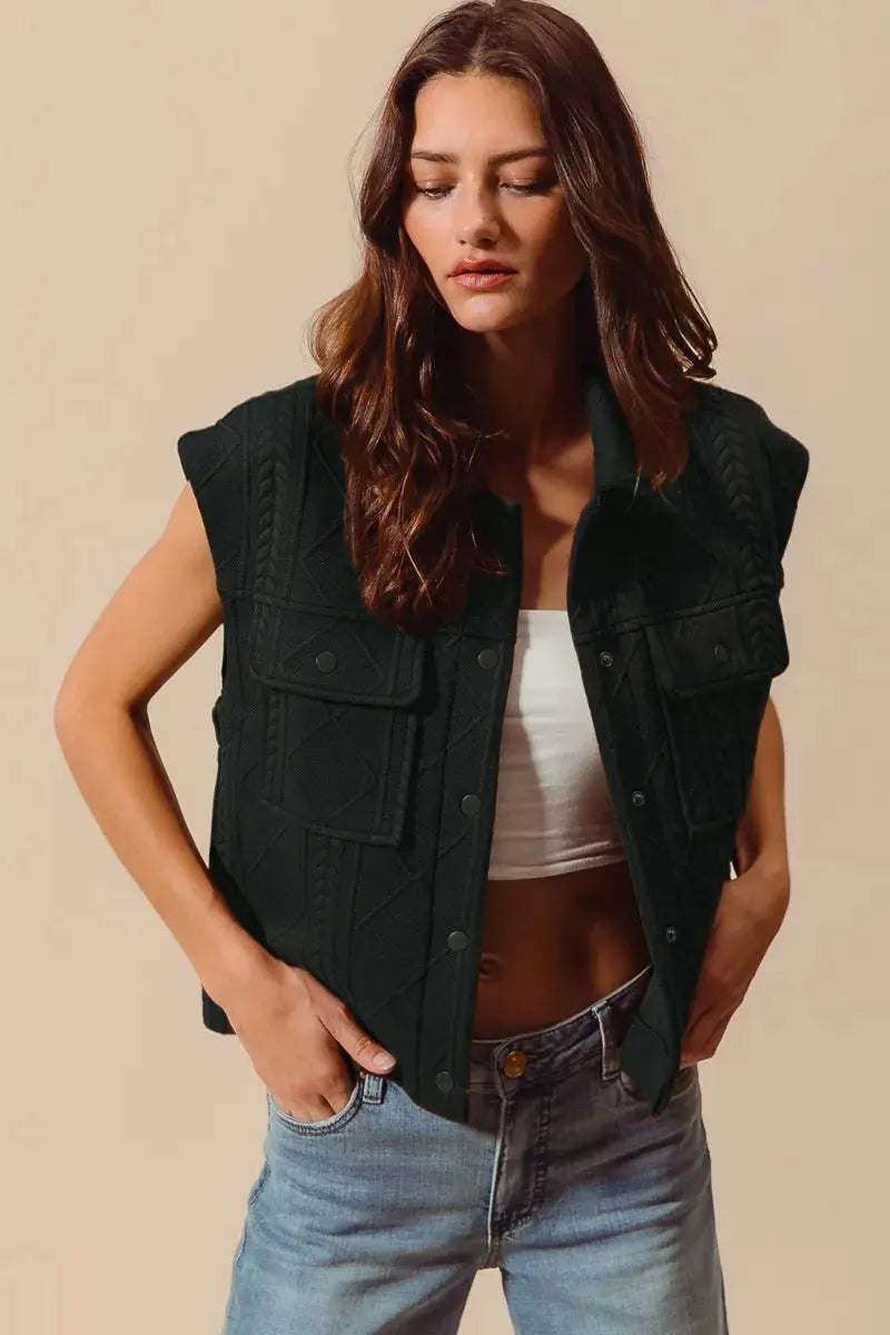 SO ME Cable Quilting Stitch Button Up Knit Vest  Style Ratio