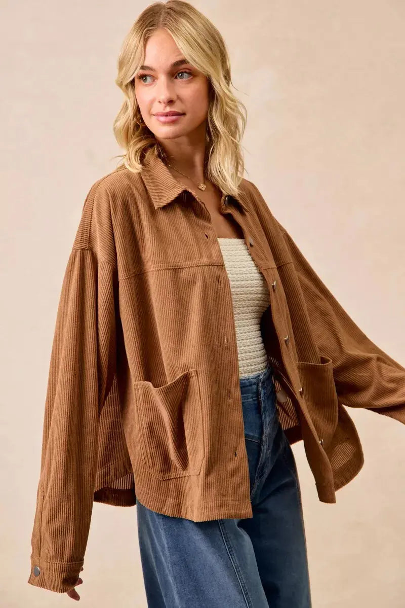 BiBi Corduroy Relaxed Fit Long Sleeve Shacket  Style Ratio