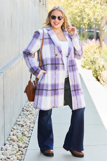 Double Take Plaid Button Up Lapel Collar Coat Trendsi