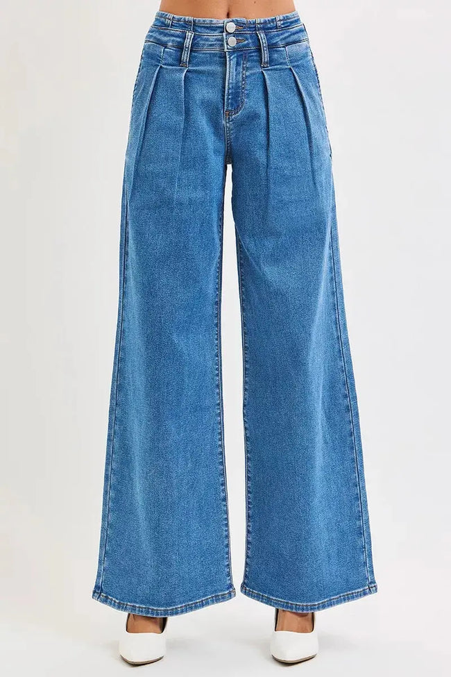 RISEN Full Size Mid Rise Fit Wide Leg with Pleated Detail Jeans  Style Ratio