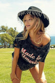 BiBi Laser Cut Mineral Washed America Print Short Sleeve Shirt  Style Ratio
