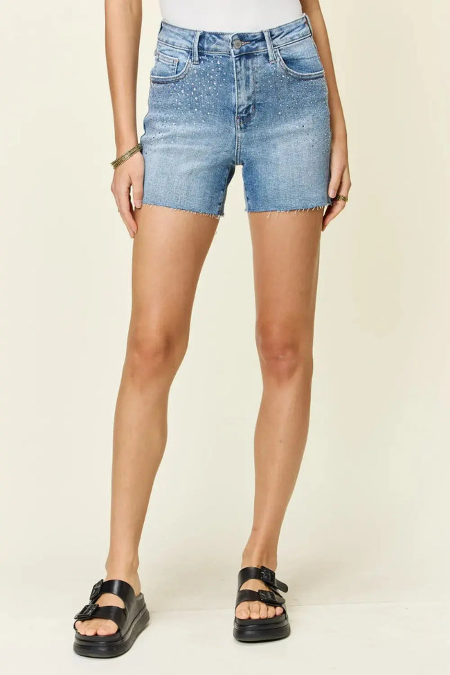 Judy Blue Full Size High Waist Rhinestone Decor Denim Shorts  Style Ratio