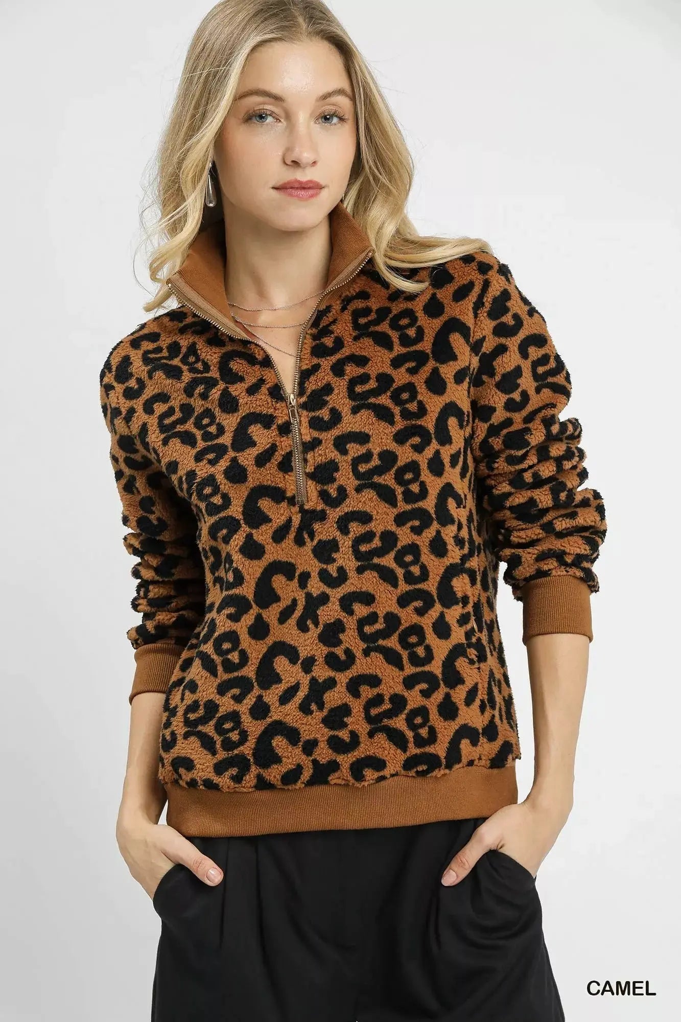 Umgee Leopard Print Quarter-Zip Sweatshirt  Style Ratio