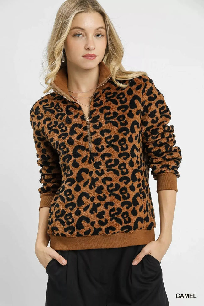 Umgee Leopard Print Quarter-Zip Sweatshirt  Style Ratio