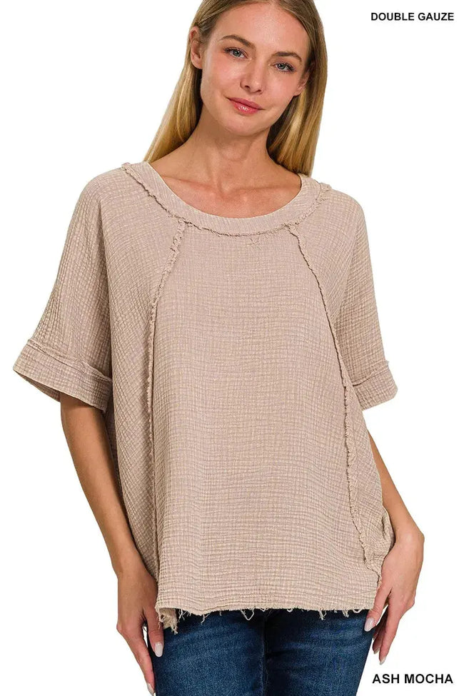 Zenana Washed Double Gauze Exposed Seam Short Sleeve Sweatshirt  Style Ratio