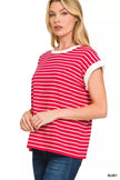 Zenana Full Size Contrast Trim Cap Sleeve Stripe Sweater  Style Ratio