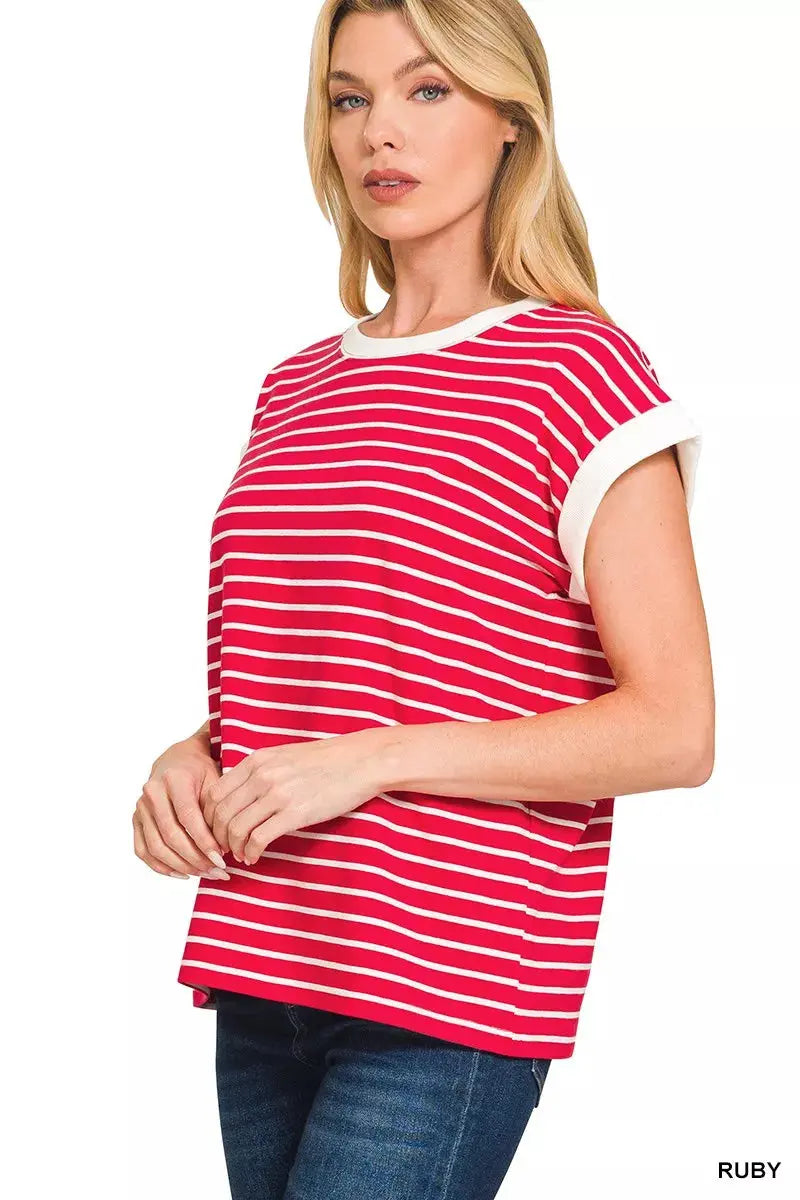 Zenana Full Size Contrast Trim Cap Sleeve Stripe Sweater  Style Ratio
