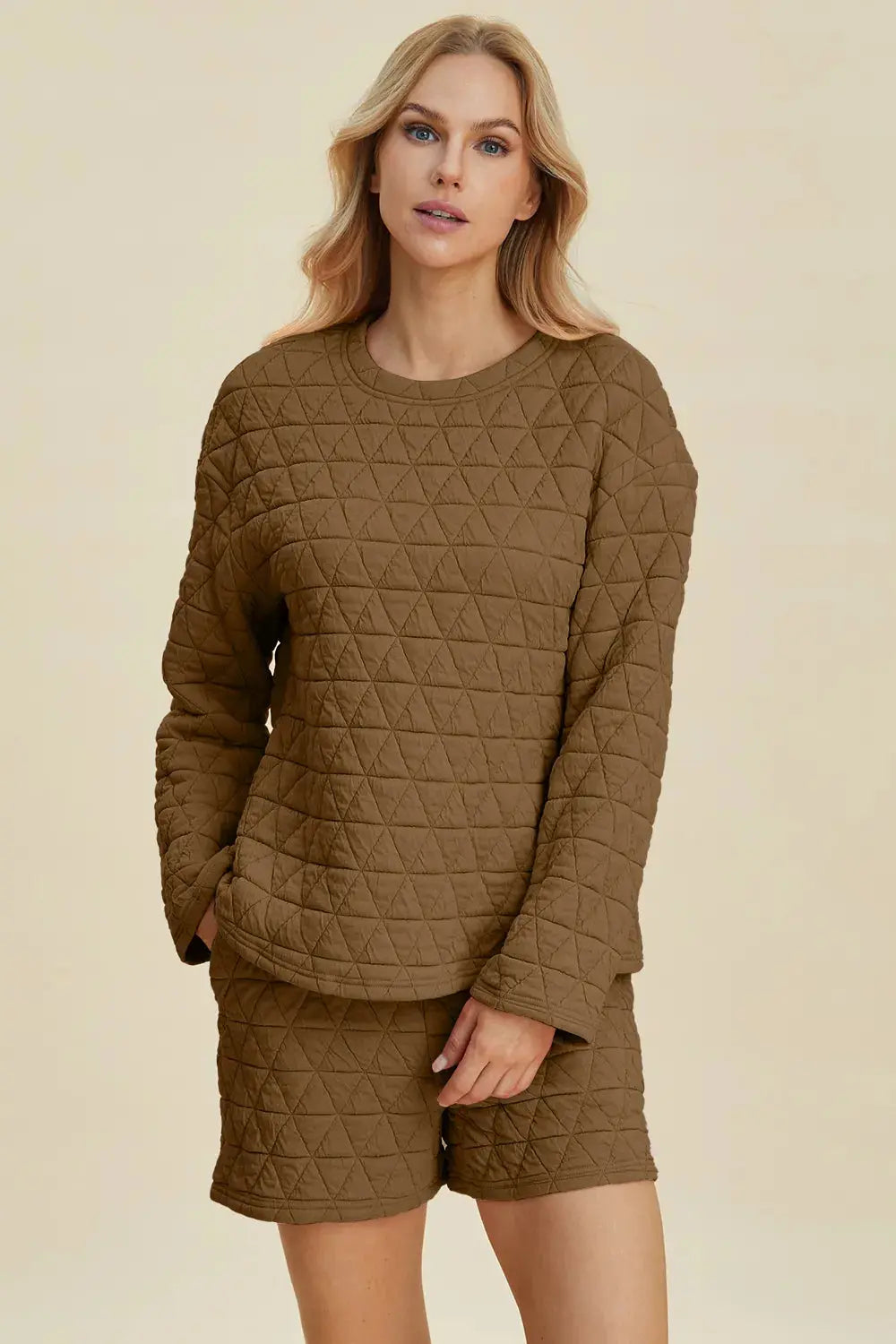 Double Take Texture Round Neck Long Sleeve Top and Shorts Set  Style Ratio