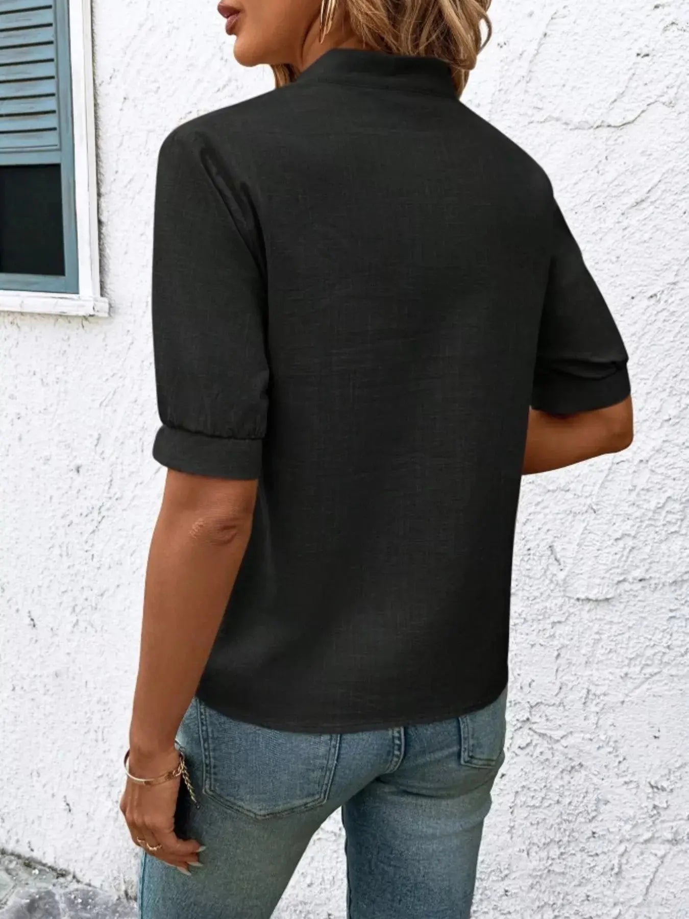 Embroidered Notched Short Sleeve Blouse  Style Ratio