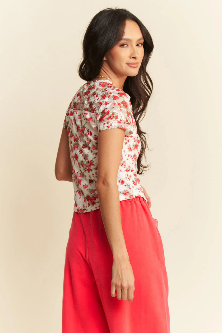 Davi & Dani Ribbon Short Sleeve Layered Mesh Shirt  Style Ratio