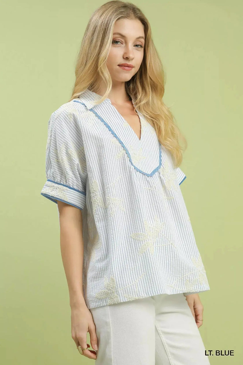 Umgee Striped Embroidered Blouse with Scallop Trim  Style Ratio