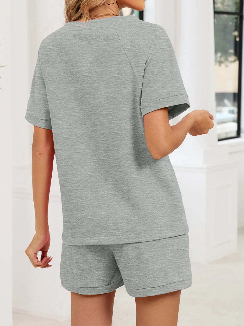 Notched Short Sleeve Top and Shorts Set  Style Ratio