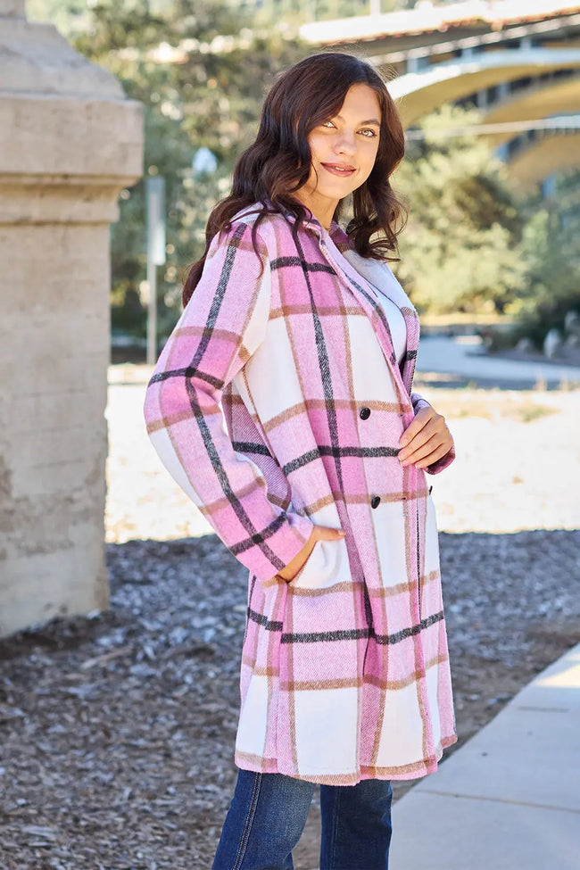 Double Take Plaid Button Up Lapel Collar Coat Trendsi