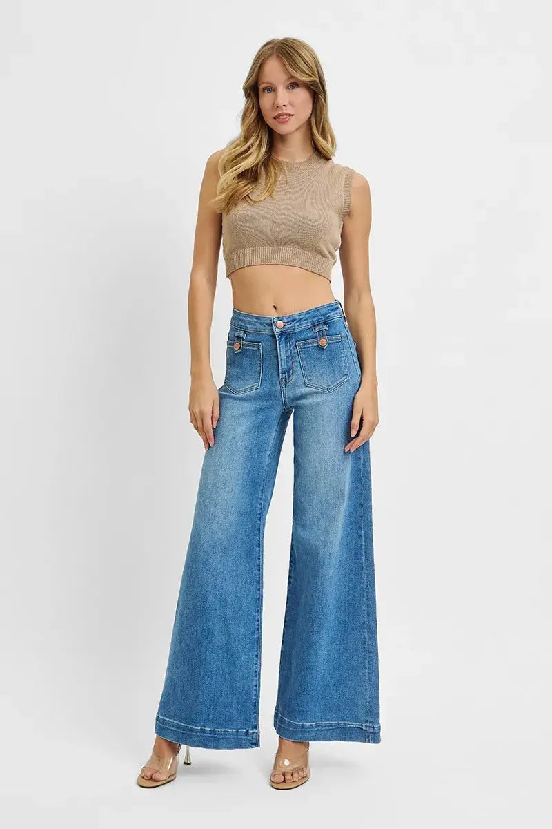 RISEN Mid Rise Wide Front Patch Pocket Jeans  Style Ratio