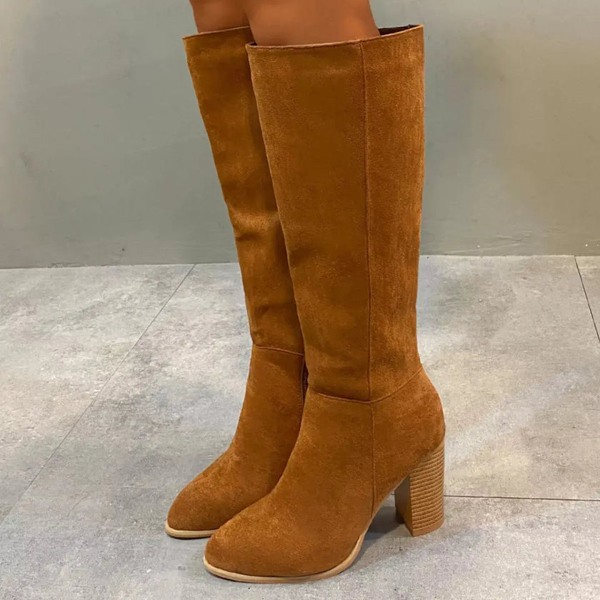 Point Toe Knee-High Suede Block Heel Boots  Style Ratio