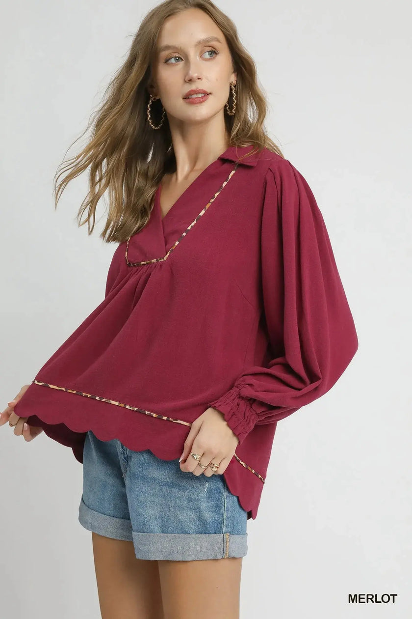 Umgee Full Size Linen Scallop Hem Blouse with Contrast Trim  Style Ratio