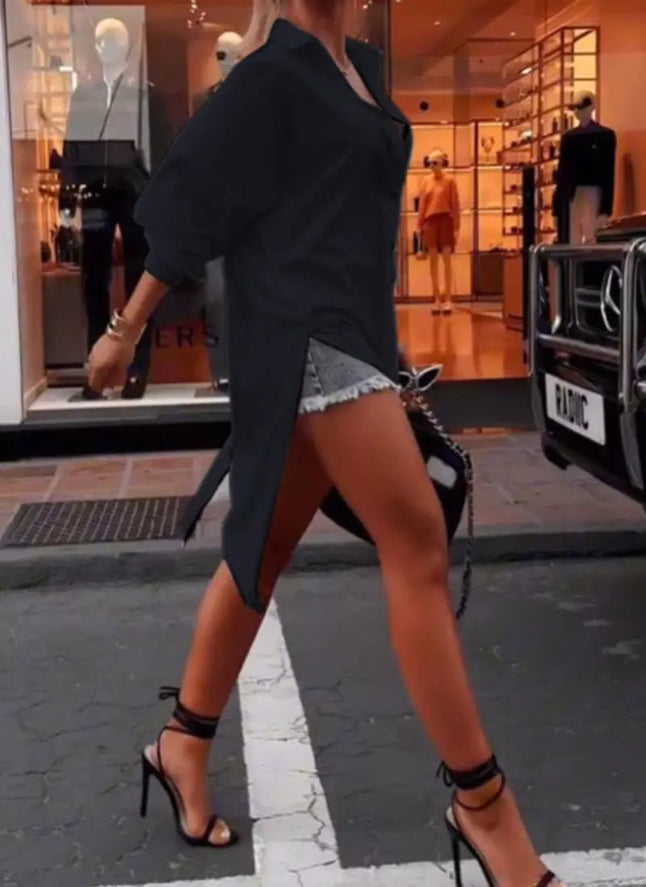 Extra Long Solid Color Long Sleeve Shirt  Style Ratio