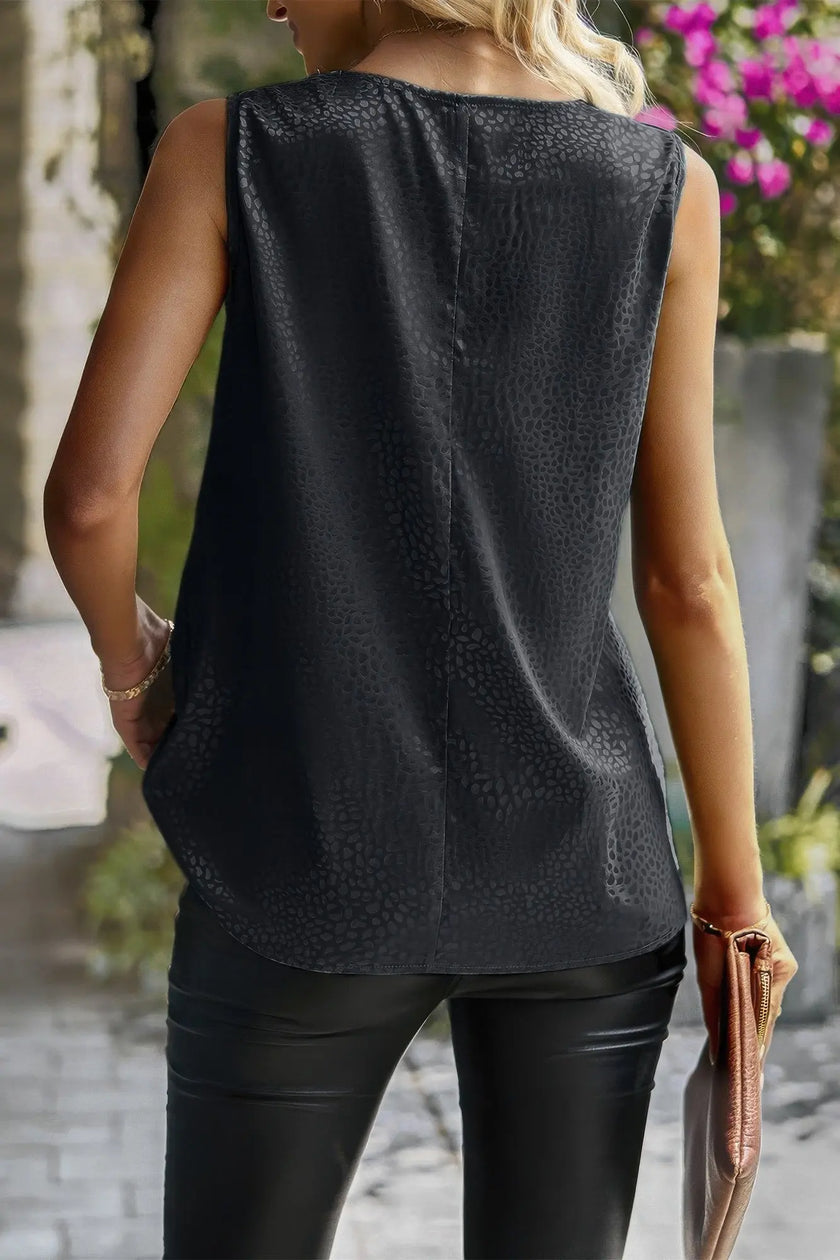 Animal Print Scarf Collar Sleeveless Loose Top  Style Ratio