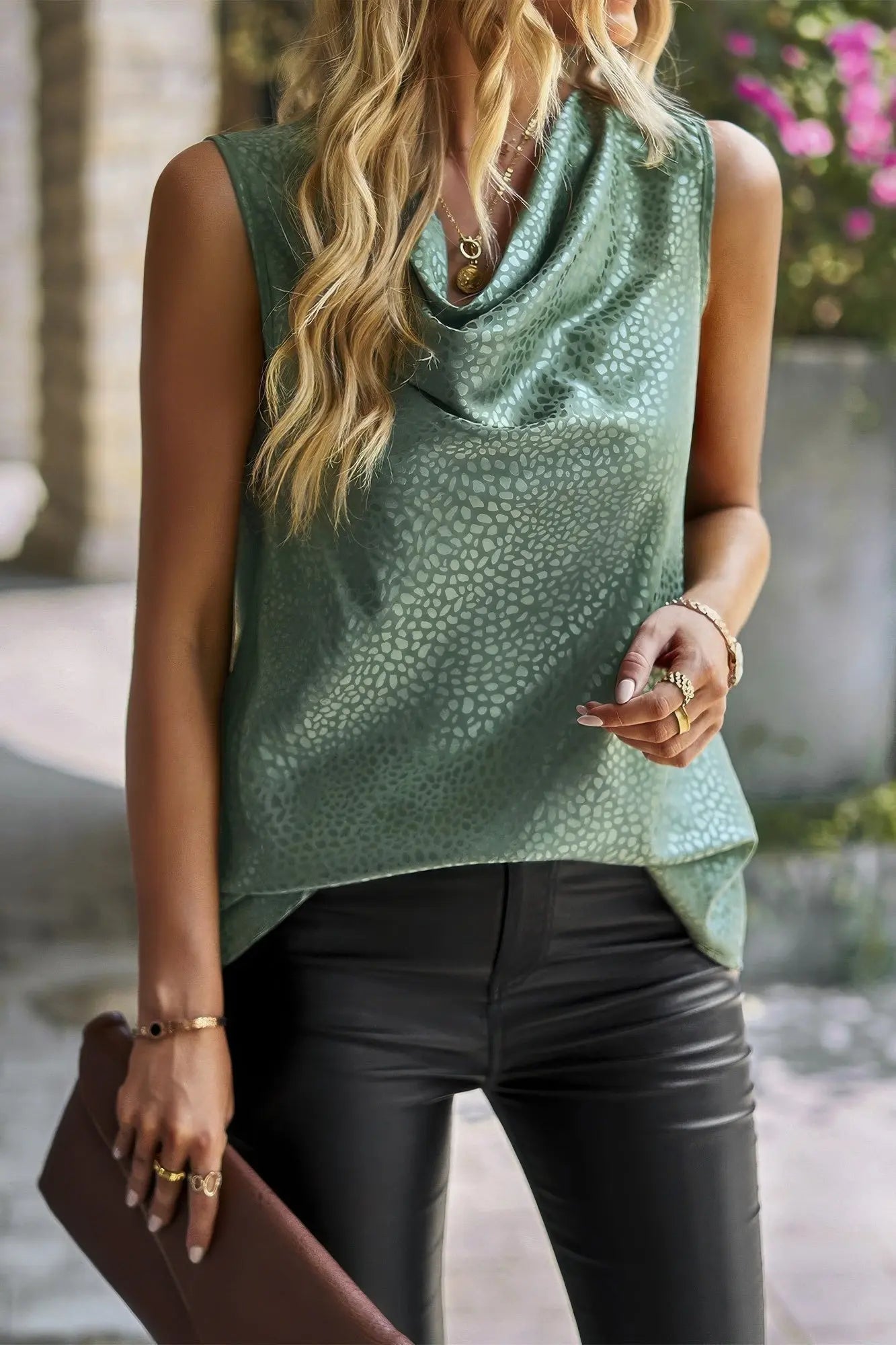 Animal Print Scarf Collar Sleeveless Loose Top  Style Ratio