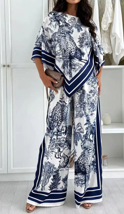 Asymmetrical Printed Top and Wide-Leg Pants Set  Style Ratio