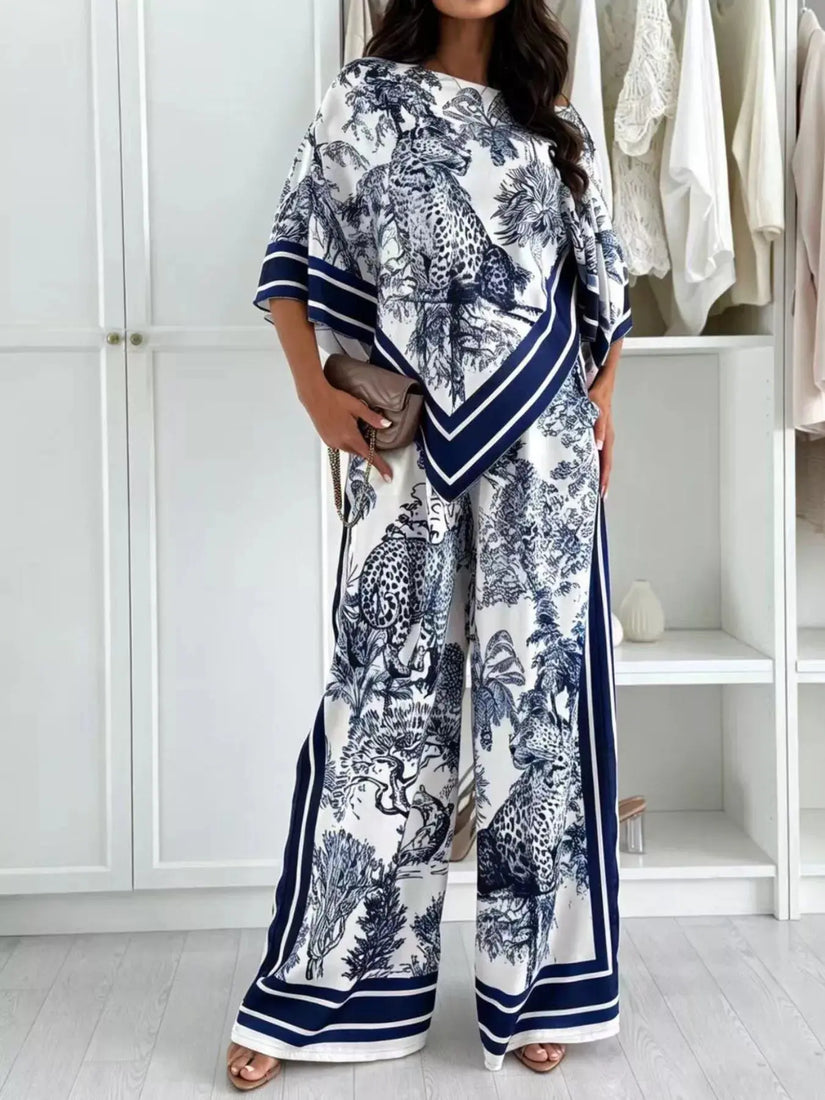 Asymmetrical Printed Top and Wide-Leg Pants Set  Style Ratio