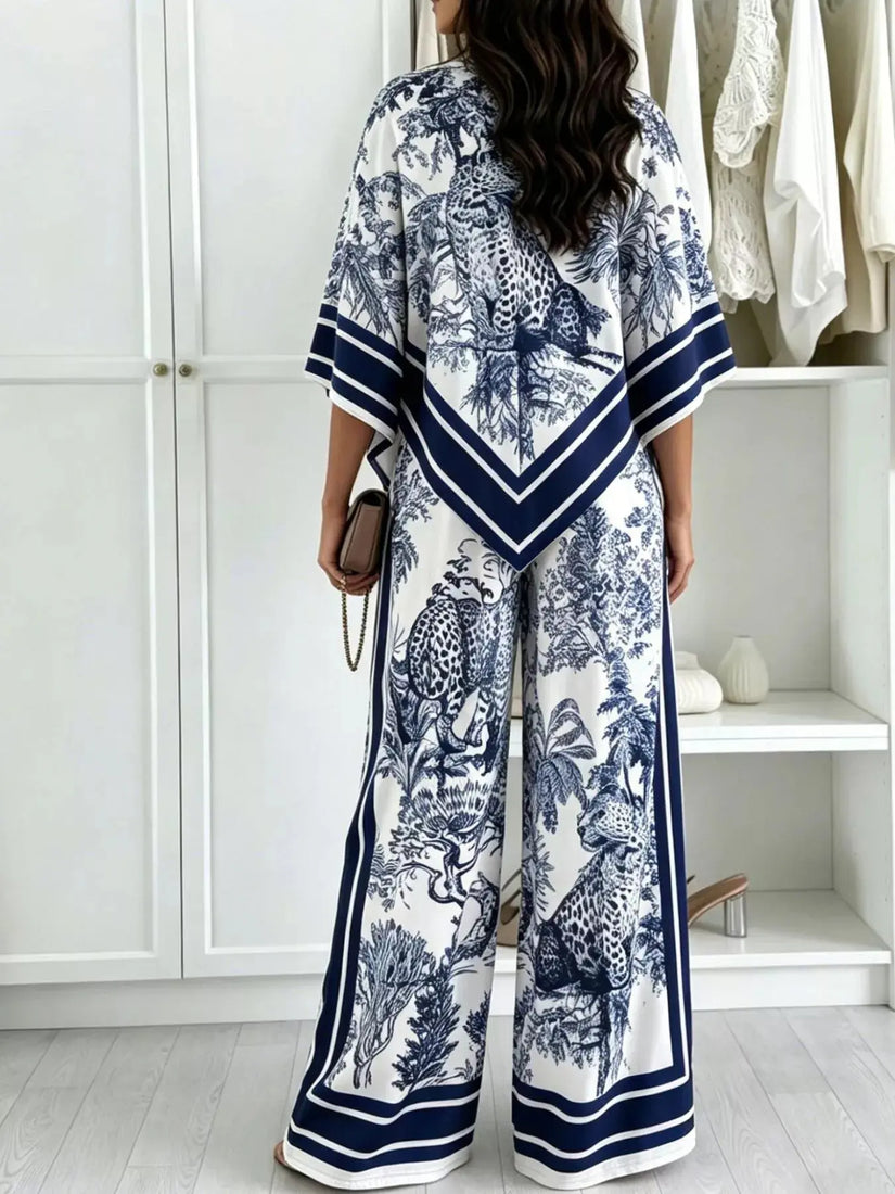 Asymmetrical Printed Top and Wide-Leg Pants Set  Style Ratio