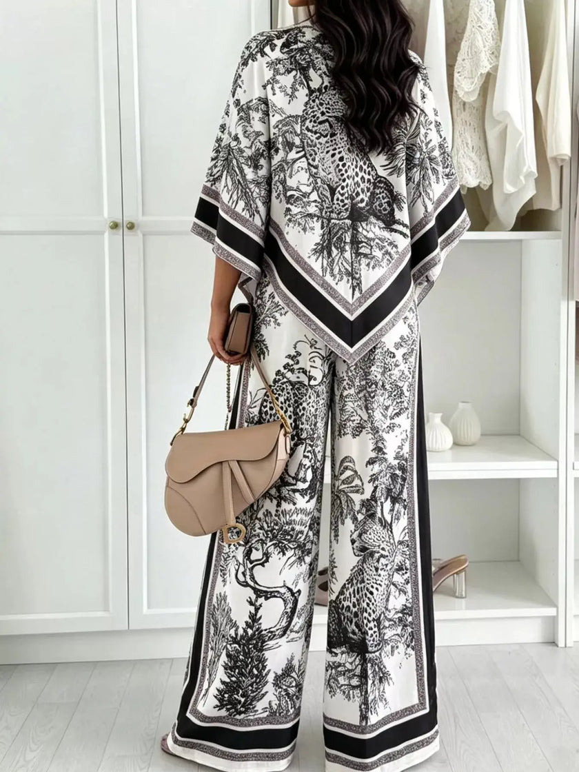 Asymmetrical Printed Top and Wide-Leg Pants Set  Style Ratio