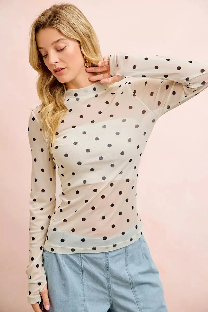 BiBi High Neck Line Polka Dots Mesh Top With Thumb Open  Style Ratio