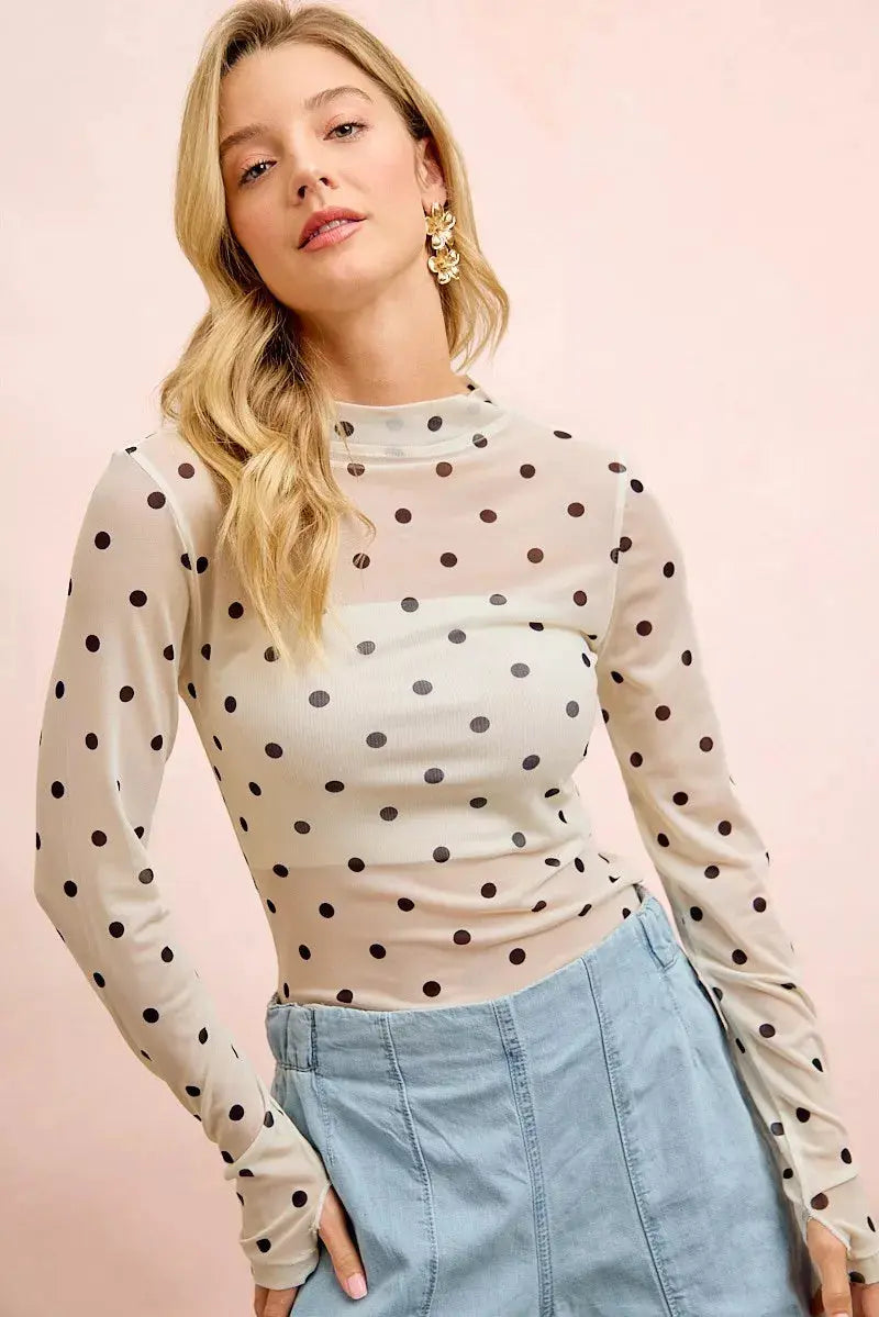 BiBi High Neck Line Polka Dots Mesh Top With Thumb Open  Style Ratio