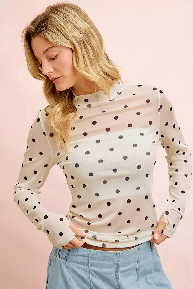 BiBi High Neck Line Polka Dots Mesh Top With Thumb Open  Style Ratio